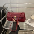 French retro burgundy crocodile embossed leather underarm bag with gold metal buckle clasp - Red