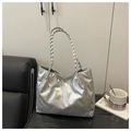 Silver metallic tote bag with diagonal striped embossing and braided straps for women - Silver (No Pendant)