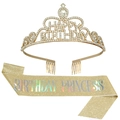 Geburtstags-Set mit goldener Happy Birthday Krone aus Strass und glitzernder Schärpe - Princess Style / Dunkelgold