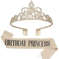 Geburtstags-Set mit goldener Strass-Krone und champagnerfarbener Glitzerschärpe - Prinzessin Stil (Schwarzer Text) / Hellgold