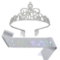 Silberne Strass Krone Happy Birthday mit passender Glitzerschärpe für Geburtstagsfeiern - Happy Birthday Stil (Holografisch) / Silber