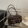 Vintage dark brown shiny patent leather shoulder bag with buckle pockets in Boston style - Coffee