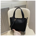 Black litchi grain leather bucket bag with golden hardware and dual handles - Black Without Pendant