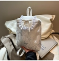White butterfly printed backpack with sparkling rhinestones and elegant bow detail - White
