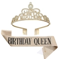 Goldenes Happy Birthday Kronen-Set mit rosa Birthday Queen Schärpe und Anstecknadel - Königin Stil / Gold