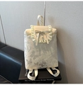 Cream student backpack with butterfly print, ruffles and pearl bow decoration - Beige