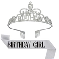 Silberne Geburtstagskrone mit Strass und grauer Birthday Girl Schärpe im Set - Mädchen Stil (Schwarzer Text) / Silber