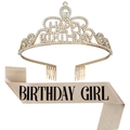 Goldene Strass Happy Birthday Krone mit einem Champagner Glitzer Geburtstagsgürtel Set - Mädchen Stil / Hellgold