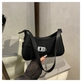 Minimalist black faux leather crescent hobo bag with adjustable strap and silver buckle - Black