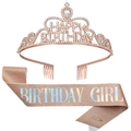 Roségoldene Geburtstagsschärpe mit Hologramm-Schrift und Strass HAPPY BIRTHDAY Krone Set - Mädchen Stil (Holografisch) / Roségold