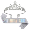 Silberne Happy Birthday Krone aus Legierung mit Birthday Girl Glitzerschärpe im Set - Mädchen Stil (Holografisch) / Silber
