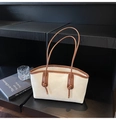 Detail of white tote bag with brown leather trim and Fashion & Bags embossed lettering - Off White
