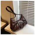 Deep coffee glossy patent leather underarm bag with decorative metal buckle in Y2K style - Coffee