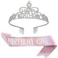 Set aus rosa Glitzer-Schärpe und silberner Strass-Krone für Geburtstagsfeiern - Mädchen Stil / Rosa (Mit Silberner Krone)