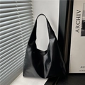 Retro large black leather hobo shoulder bag with glossy texture for daily commuting - Smooth Glossy Black