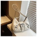 Chic white hobo shoulder bag featuring glossy ruched faux leather and silver buckles - Off White