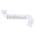 Elegant white satin bridesmaid sash with rose gold lettering for wedding party - One Size / White With Rose Gold Text
