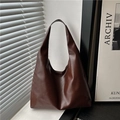 Deep brown oil-wax leather tote bag with minimalist hobo silhouette for women - Smooth Glossy Coffee