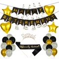 Set decorazioni pensione nero e oro con striscione, palloncini e fascia decorativa - Set di Palloncini Con Tiara e Fascia