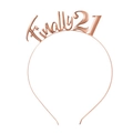 Close-up of rose gold metal headband featuring Finally 21 text and stars for birthday - Rose Gold