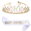 Tiara d'oro per il 10° compleanno con strass e set di fascia bianca Happy Birthday - Corona D'oro + Fascia Bianca con Lettere D'oro