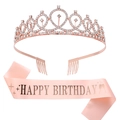 Geburtstagsset mit roségoldener Tiara und rosa Schärpe mit funkelnden Strasssteinen - Roségold (HG011+JD022)