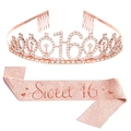 Set compleanno Sweet 16 oro rosa con corona di strass e fascia glitterata ragazza - Oro Rosa + Tessuto Glitter Oro Rosa