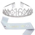 Set con tiara e fascia Sweet 16 con strass scintillanti e raso celeste per compleanno - Argento + Tessuto Glitter Bianco Testo Dorato