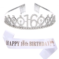 Tiara per il 16° compleanno in strass argento e fascia in raso bianco per decorazioni - Stile Argento (16 Compleanno)