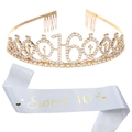 Sweet 16 birthday party set with rhinestone crown and golden printed satin sash - Gold + White Satin Gold Text