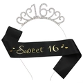Set aus silberner Strass-Tiara zum 16. Geburtstag und schwarzer Sweet 16 Schärpe - Einheitsgröße / Silber + Schwarze Schärpe Mit Goldenem Text