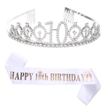 Tiara d'argento per il 10° compleanno e fascia in raso bianco con scritta in oro rosa per bambina - Argento (10 Compleanno)