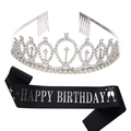 Set corona di compleanno in argento con strass e fascia nera Happy Birthday elegante - Corona D'oro + Fascia Nera con Lettere D'oro