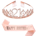 Set tiara di cristallo per 21° compleanno oro rosa e fascia in raso rosa - Tiara Oro Rosa e Fascia Happy Birthday Oro Rosa