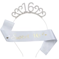 Set zum 16. Geburtstag mit funkelndem Strass-Diadem und eleganter Satinschärpe - Einheitsgröße / Silber + Weiße Schärpe Mit Goldenem Text