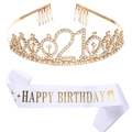 Tiara dorata per 21° compleanno con strass e fascia in raso bianco in set completo - Tiara Oro e Fascia Happy Birthday Bianca con Lettere Oro