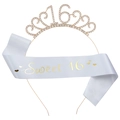 Set d'anniversaire Sweet 16 avec diadème en strass or rose et écharpe en satin - Taille unique / Or + Écharpe Blanche Police Dorée