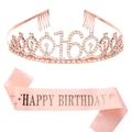 Tiara per 16° compleanno in oro rosa e fascia in raso rosa per festa decorativa - Stile Rosa (16 Compleanno)