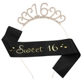 Sweet 16 Geburtstagsset mit Strass-Kronen-Haarreif und schwarzer Satin-Schärpe - Einheitsgröße / Gold + Schwarze Schärpe Goldene Schrift