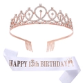 Détail de la couronne en strass or rose et de l'écharpe en satin du 13e anniversaire - Or Rose - 13ème Anniversaire (HG011+JD023)