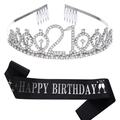 Détails de la couronne strass 21 ans et écharpe en satin noir Happy Birthday pour fête - Diadème Or et Écharpe Happy Birthday Noire Lettres Argent