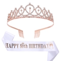 Set de 80ème anniversaire avec couronne en strass or rose et écharpe en satin blanc et or - Or Rose - 80ème Anniversaire (HG011+JD023)