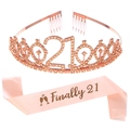 Rose gold crystal 21st birthday tiara and Finally 21 pink satin sash party set - One Size / Champagne Set