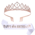 Set couronne d'anniversaire 40 ans or rose et écharpe en satin blanc avec strass - Or Rose - 40ème Anniversaire (HG011+JD023)