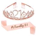Rose gold 21st birthday crown and pink Finally 21 satin sash set for party celebrations - One Size / Rose Gold Set