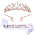 Détail de la couronne en strass or rose et écharpe blanche de 50e anniversaire - Or Rose - 50ème Anniversaire (HG011+JD023)