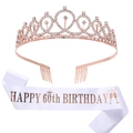 Détail du kit 60e anniversaire avec tiare en cristal or rose et écharpe en satin - Or Rose - 60ème Anniversaire (HG011+JD023)