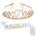 Dettaglio della corona di cristallo 21 anni con fascia in raso Finally 21 set - Taglia unica / Corona d'Oro + Fascia Bianca