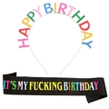 Rainbow Happy Birthday headband and black satin sash set for adults party celebration - Black FG107 (HAPPY BIRTHDAY)