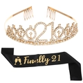 Kit 21° compleanno con tiara di cristallo dorata e fascia nera Finally 21 - Taglia unica / Corona d'Oro + Fascia Nera